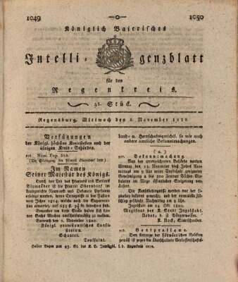 Königlich-baierisches Intelligenzblatt für den Regen-Kreis (Königlich bayerisches Intelligenzblatt für die Oberpfalz und von Regensburg) Mittwoch 8. November 1820