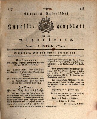 Königlich-baierisches Intelligenzblatt für den Regen-Kreis (Königlich bayerisches Intelligenzblatt für die Oberpfalz und von Regensburg) Mittwoch 14. Februar 1821