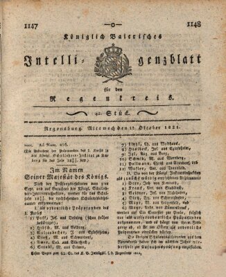 Königlich-baierisches Intelligenzblatt für den Regen-Kreis (Königlich bayerisches Intelligenzblatt für die Oberpfalz und von Regensburg) Mittwoch 17. Oktober 1821