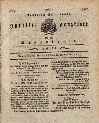 Königlich-baierisches Intelligenzblatt für den Regen-Kreis (Königlich bayerisches Intelligenzblatt für die Oberpfalz und von Regensburg) Mittwoch 28. November 1821