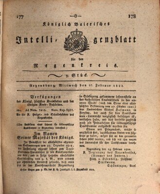 Königlich-baierisches Intelligenzblatt für den Regen-Kreis (Königlich bayerisches Intelligenzblatt für die Oberpfalz und von Regensburg) Mittwoch 27. Februar 1822