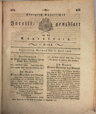 Königlich-baierisches Intelligenzblatt für den Regen-Kreis (Königlich bayerisches Intelligenzblatt für die Oberpfalz und von Regensburg) Mittwoch 24. April 1822