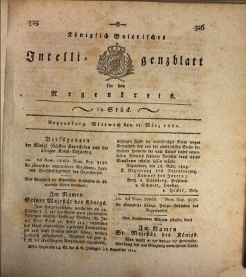 Königlich-baierisches Intelligenzblatt für den Regen-Kreis (Königlich bayerisches Intelligenzblatt für die Oberpfalz und von Regensburg) Mittwoch 31. März 1824