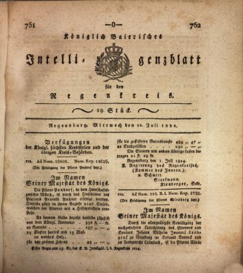 Königlich-baierisches Intelligenzblatt für den Regen-Kreis (Königlich bayerisches Intelligenzblatt für die Oberpfalz und von Regensburg) Mittwoch 14. Juli 1824