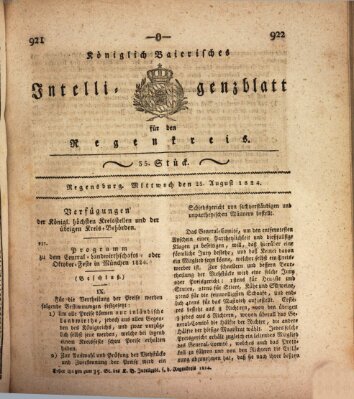 Königlich-baierisches Intelligenzblatt für den Regen-Kreis (Königlich bayerisches Intelligenzblatt für die Oberpfalz und von Regensburg) Mittwoch 25. August 1824