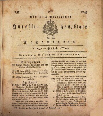 Königlich-baierisches Intelligenzblatt für den Regen-Kreis (Königlich bayerisches Intelligenzblatt für die Oberpfalz und von Regensburg) Mittwoch 29. September 1824