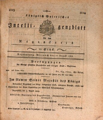 Königlich-baierisches Intelligenzblatt für den Regen-Kreis (Königlich bayerisches Intelligenzblatt für die Oberpfalz und von Regensburg) Mittwoch 17. August 1825