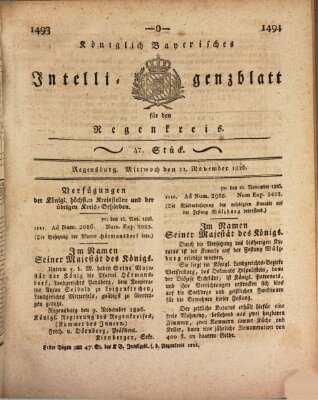 Königlich-baierisches Intelligenzblatt für den Regen-Kreis (Königlich bayerisches Intelligenzblatt für die Oberpfalz und von Regensburg) Mittwoch 22. November 1826