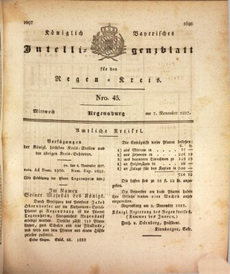 Königlich-baierisches Intelligenzblatt für den Regen-Kreis (Königlich bayerisches Intelligenzblatt für die Oberpfalz und von Regensburg) Mittwoch 7. November 1827