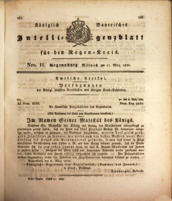 Königlich-baierisches Intelligenzblatt für den Regen-Kreis (Königlich bayerisches Intelligenzblatt für die Oberpfalz und von Regensburg) Mittwoch 17. März 1830