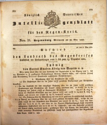 Königlich-baierisches Intelligenzblatt für den Regen-Kreis (Königlich bayerisches Intelligenzblatt für die Oberpfalz und von Regensburg) Mittwoch 26. Mai 1830