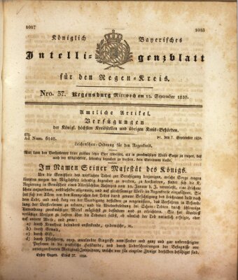 Königlich-baierisches Intelligenzblatt für den Regen-Kreis (Königlich bayerisches Intelligenzblatt für die Oberpfalz und von Regensburg) Mittwoch 15. September 1830