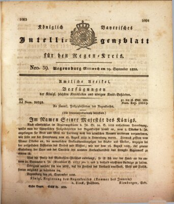 Königlich-baierisches Intelligenzblatt für den Regen-Kreis (Königlich bayerisches Intelligenzblatt für die Oberpfalz und von Regensburg) Mittwoch 29. September 1830