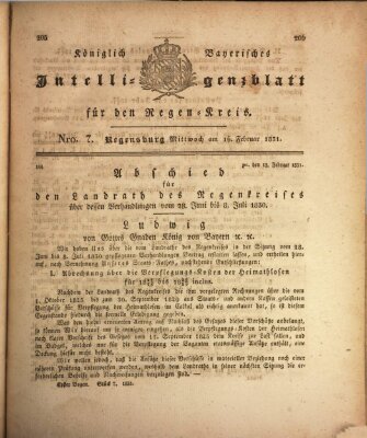 Königlich-baierisches Intelligenzblatt für den Regen-Kreis (Königlich bayerisches Intelligenzblatt für die Oberpfalz und von Regensburg) Mittwoch 16. Februar 1831