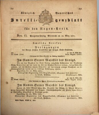 Königlich-baierisches Intelligenzblatt für den Regen-Kreis (Königlich bayerisches Intelligenzblatt für die Oberpfalz und von Regensburg) Mittwoch 30. März 1831