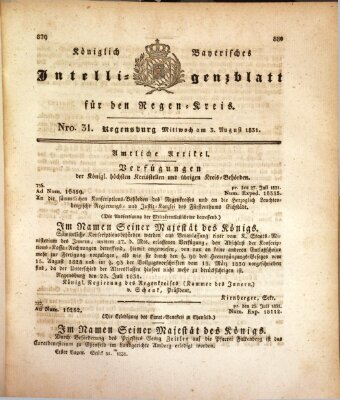 Königlich-baierisches Intelligenzblatt für den Regen-Kreis (Königlich bayerisches Intelligenzblatt für die Oberpfalz und von Regensburg) Mittwoch 3. August 1831