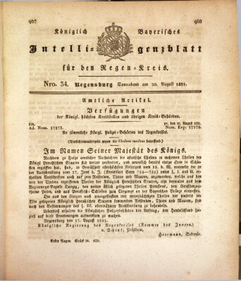 Königlich-baierisches Intelligenzblatt für den Regen-Kreis (Königlich bayerisches Intelligenzblatt für die Oberpfalz und von Regensburg) Samstag 20. August 1831