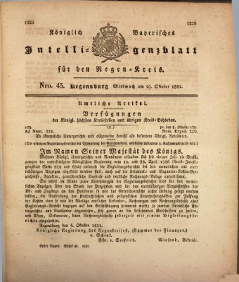 Königlich-baierisches Intelligenzblatt für den Regen-Kreis (Königlich bayerisches Intelligenzblatt für die Oberpfalz und von Regensburg) Mittwoch 19. Oktober 1831