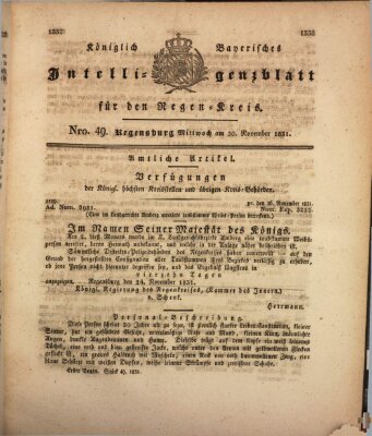 Königlich-baierisches Intelligenzblatt für den Regen-Kreis (Königlich bayerisches Intelligenzblatt für die Oberpfalz und von Regensburg) Mittwoch 30. November 1831