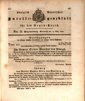 Königlich-baierisches Intelligenzblatt für den Regen-Kreis (Königlich bayerisches Intelligenzblatt für die Oberpfalz und von Regensburg) Mittwoch 14. März 1832