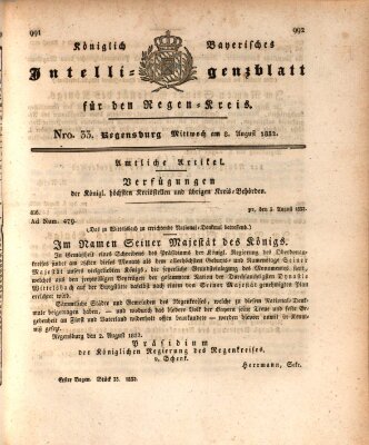 Königlich-baierisches Intelligenzblatt für den Regen-Kreis (Königlich bayerisches Intelligenzblatt für die Oberpfalz und von Regensburg) Mittwoch 8. August 1832