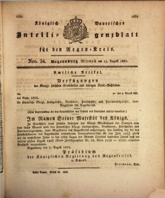 Königlich-baierisches Intelligenzblatt für den Regen-Kreis (Königlich bayerisches Intelligenzblatt für die Oberpfalz und von Regensburg) Mittwoch 14. August 1833