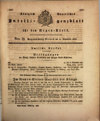 Königlich-baierisches Intelligenzblatt für den Regen-Kreis (Königlich bayerisches Intelligenzblatt für die Oberpfalz und von Regensburg) Mittwoch 18. September 1833