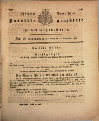 Königlich-baierisches Intelligenzblatt für den Regen-Kreis (Königlich bayerisches Intelligenzblatt für die Oberpfalz und von Regensburg) Mittwoch 25. September 1833