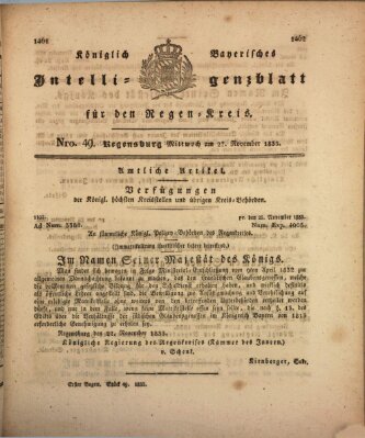 Königlich-baierisches Intelligenzblatt für den Regen-Kreis (Königlich bayerisches Intelligenzblatt für die Oberpfalz und von Regensburg) Mittwoch 27. November 1833