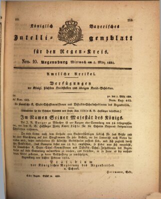 Königlich-baierisches Intelligenzblatt für den Regen-Kreis (Königlich bayerisches Intelligenzblatt für die Oberpfalz und von Regensburg) Mittwoch 5. März 1834