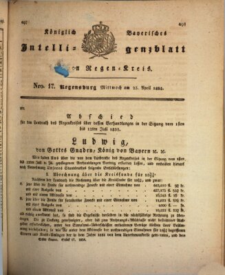 Königlich-baierisches Intelligenzblatt für den Regen-Kreis (Königlich bayerisches Intelligenzblatt für die Oberpfalz und von Regensburg) Mittwoch 23. April 1834