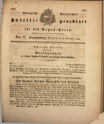 Königlich-baierisches Intelligenzblatt für den Regen-Kreis (Königlich bayerisches Intelligenzblatt für die Oberpfalz und von Regensburg) Mittwoch 24. September 1834