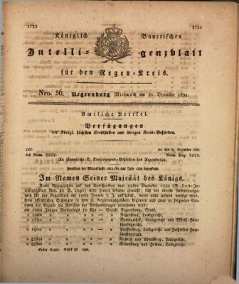 Königlich-baierisches Intelligenzblatt für den Regen-Kreis (Königlich bayerisches Intelligenzblatt für die Oberpfalz und von Regensburg) Mittwoch 31. Dezember 1834