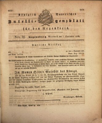 Königlich-baierisches Intelligenzblatt für den Regen-Kreis (Königlich bayerisches Intelligenzblatt für die Oberpfalz und von Regensburg) Mittwoch 7. September 1836