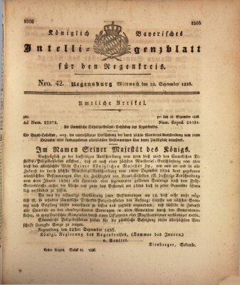 Königlich-baierisches Intelligenzblatt für den Regen-Kreis (Königlich bayerisches Intelligenzblatt für die Oberpfalz und von Regensburg) Mittwoch 28. September 1836