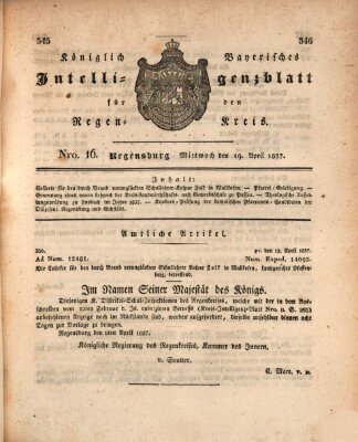 Königlich-baierisches Intelligenzblatt für den Regen-Kreis (Königlich bayerisches Intelligenzblatt für die Oberpfalz und von Regensburg) Mittwoch 19. April 1837