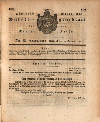 Königlich-baierisches Intelligenzblatt für den Regen-Kreis (Königlich bayerisches Intelligenzblatt für die Oberpfalz und von Regensburg) Mittwoch 20. September 1837