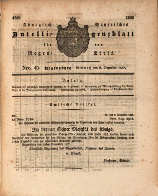 Königlich-baierisches Intelligenzblatt für den Regen-Kreis (Königlich bayerisches Intelligenzblatt für die Oberpfalz und von Regensburg) Mittwoch 6. Dezember 1837