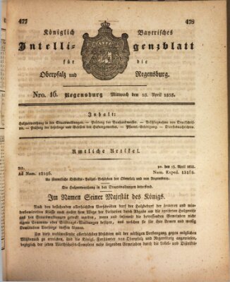 Königlich bayerisches Intelligenzblatt für die Oberpfalz und von Regensburg Mittwoch 18. April 1838