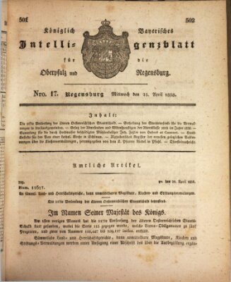 Königlich bayerisches Intelligenzblatt für die Oberpfalz und von Regensburg Mittwoch 25. April 1838