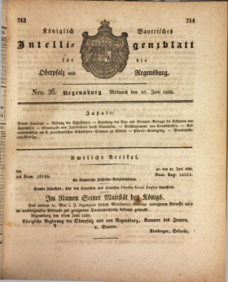 Königlich bayerisches Intelligenzblatt für die Oberpfalz und von Regensburg Mittwoch 27. Juni 1838