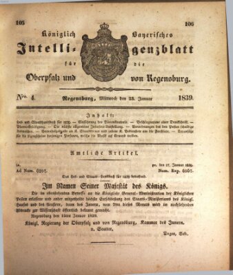 Königlich bayerisches Intelligenzblatt für die Oberpfalz und von Regensburg Mittwoch 23. Januar 1839