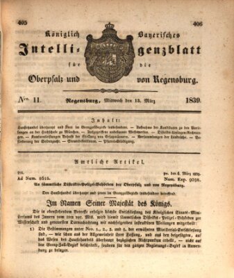 Königlich bayerisches Intelligenzblatt für die Oberpfalz und von Regensburg Mittwoch 13. März 1839