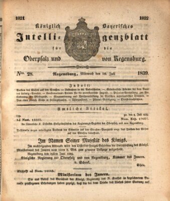 Königlich bayerisches Intelligenzblatt für die Oberpfalz und von Regensburg Mittwoch 10. Juli 1839