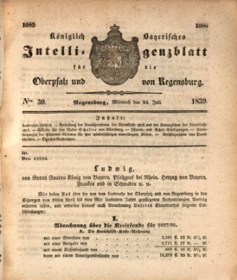 Königlich bayerisches Intelligenzblatt für die Oberpfalz und von Regensburg Mittwoch 24. Juli 1839