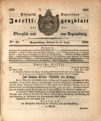 Königlich bayerisches Intelligenzblatt für die Oberpfalz und von Regensburg Mittwoch 21. August 1839