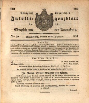 Königlich bayerisches Intelligenzblatt für die Oberpfalz und von Regensburg Mittwoch 25. September 1839