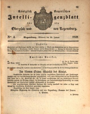 Königlich bayerisches Intelligenzblatt für die Oberpfalz und von Regensburg Mittwoch 22. Januar 1840