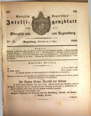 Königlich bayerisches Intelligenzblatt für die Oberpfalz und von Regensburg Mittwoch 4. März 1840