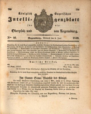 Königlich bayerisches Intelligenzblatt für die Oberpfalz und von Regensburg Mittwoch 3. Juni 1840